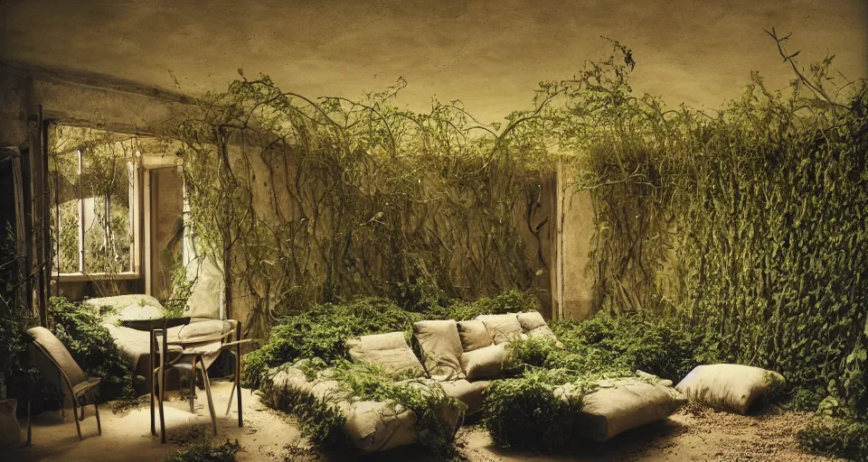 Image similar to IKEA catalogue photo, high end farm house style living room, sand piled in corners, dust, organic, vines, overgrown, tropical, by Beksiński