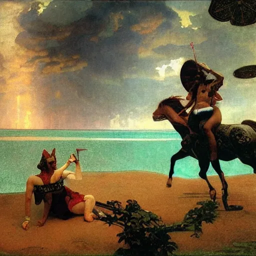 Image similar to Demon girl riding the horse at the palace, refracted sparkles, thunderstorm, greek pool, beach and Tropical vegetation on the background major arcana sky, by paul delaroche, alphonse mucha and arnold böcklin, hyperrealistic 8k, award-winning, very very very detailed