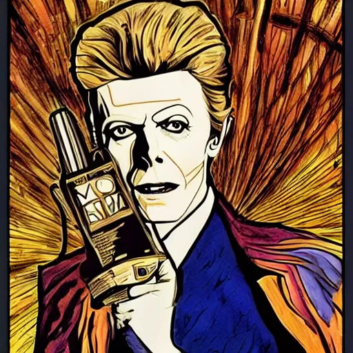 Prompt: david bowie as dr who, mucha style,