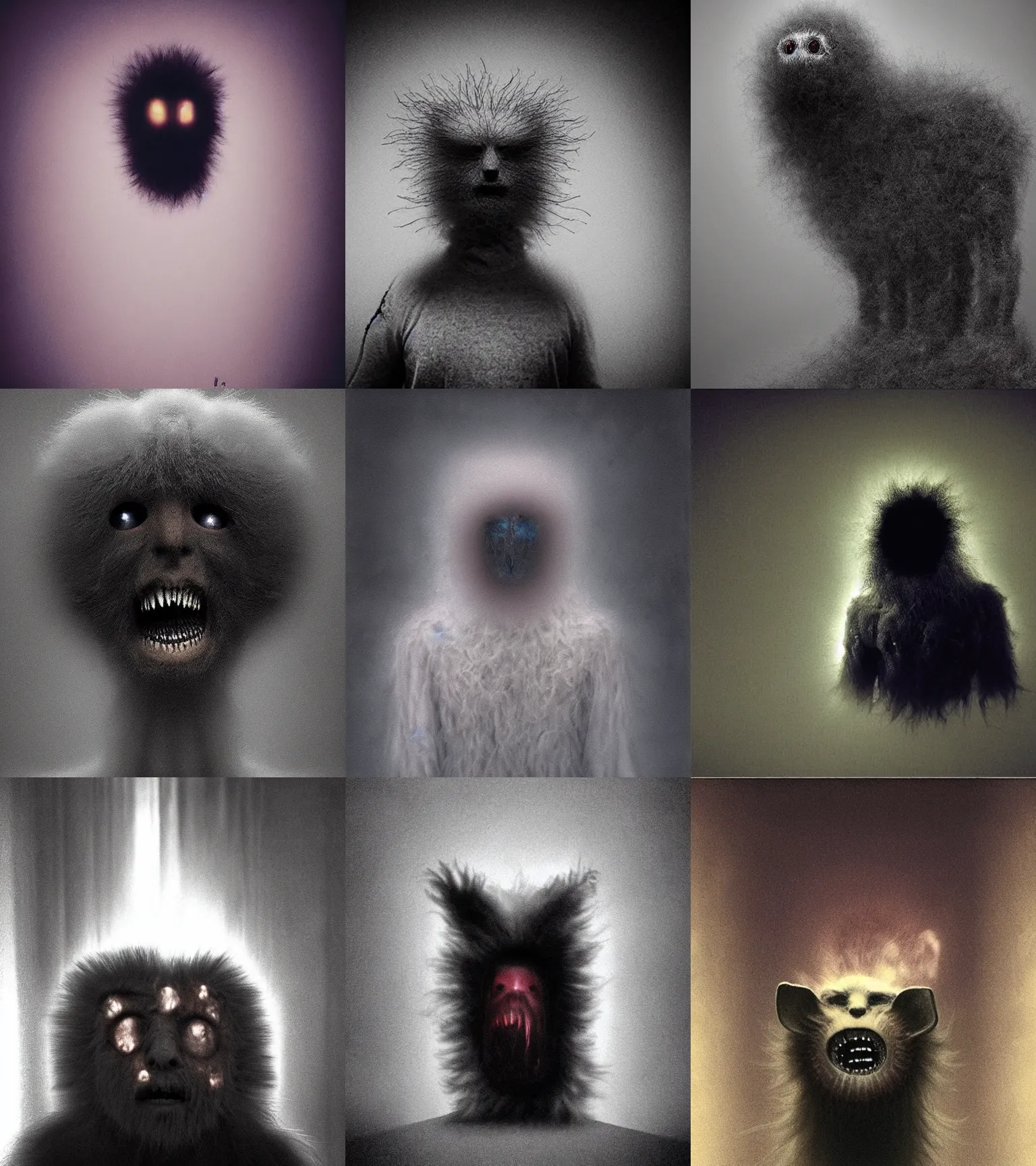 Prompt: idiotic creature. faceless metallic fluffy translucent spiritual shadowy entity guy face thing. screaming anguish, yelling, smiling, crying, medical, eerie, bad selfie, blurry, dreamlike, cute fuzzy animal, zdislaw beksinski, spirit photography, glowing eyes