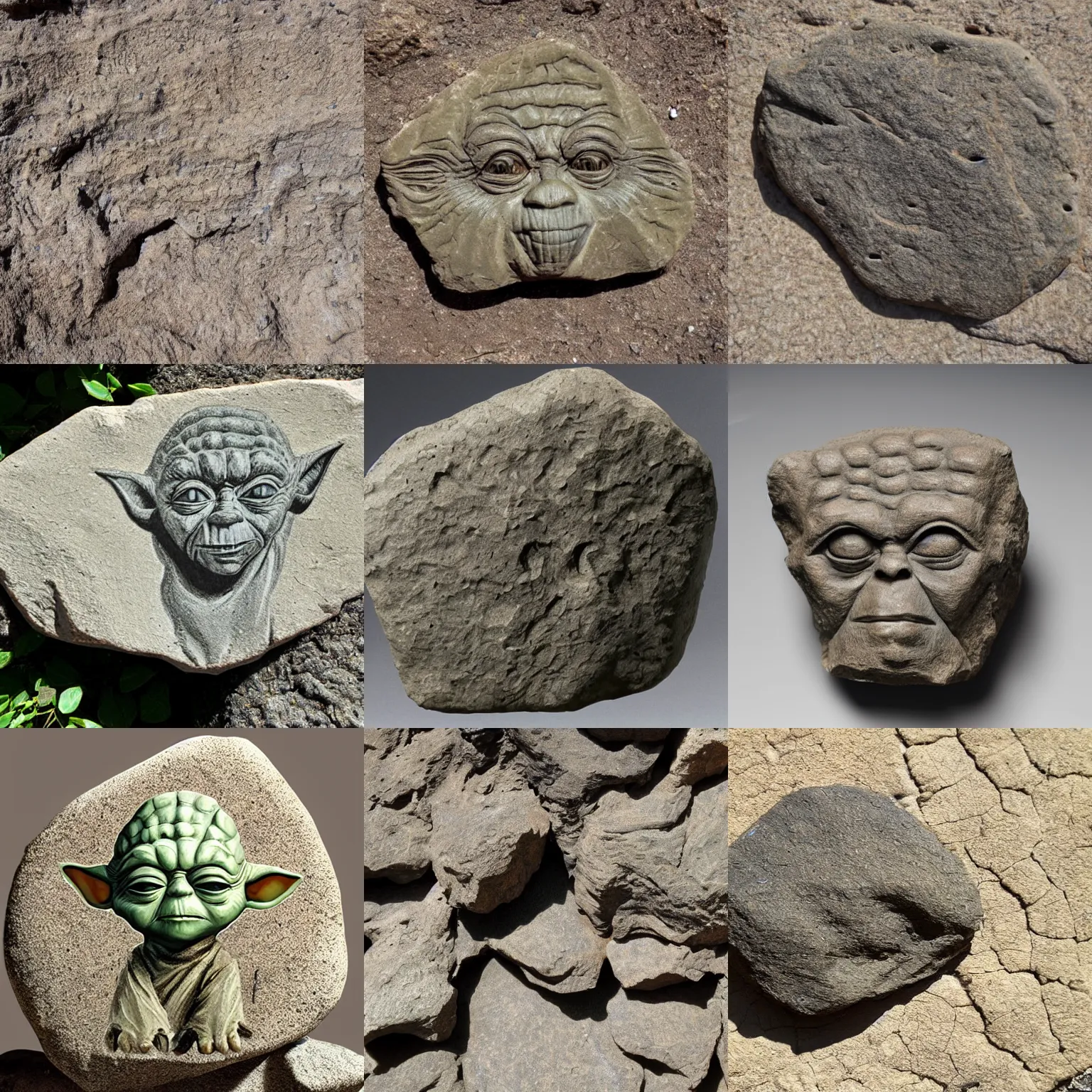 Prompt: Fossil of (( Yoda )) old fossil remnant, rock