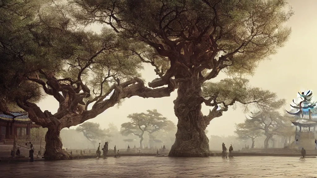 Prompt: the great elven tree growing in the forbidden city, beijing. andreas achenbach, artgerm, mikko lagerstedt, zack snyder, tokujin yoshioka