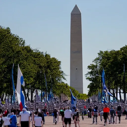 Prompt: the Argentine flag hang on the Washington monument
