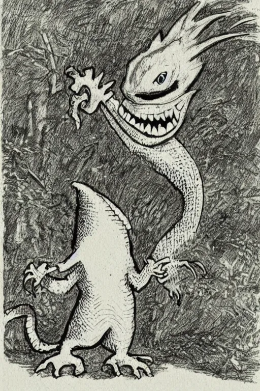 Image similar to an angry lizard, by maurice sendak