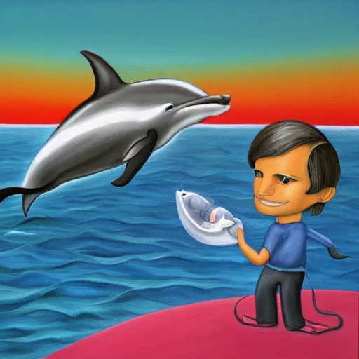 Image similar to steve jobs riding a dolphin, painting