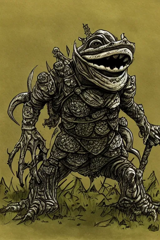 Image similar to toad goblin, wearing armour, swamp, symmetrical, highly detailed, digital art, sharp focus, trending on art station, kentaro miura manga art style