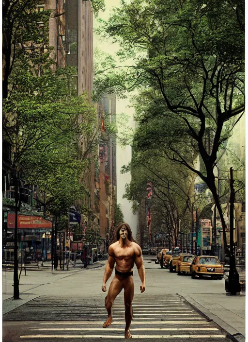 Image similar to film still, tarzan walk on the street of new york, symmetrical, 8 k, medium - format print, half body shot