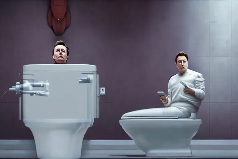 Image similar to hyperrealism aesthetic ridley scott and denis villeneuve style photography of a detailed hyperrealism elon musk, siting on a detailed hyperrealism toilet and scrolling his detailed smartphone in hyperrealism scene from detailed art house movie in style of alejandro jodorowsky and wes anderson volumetric ambient light