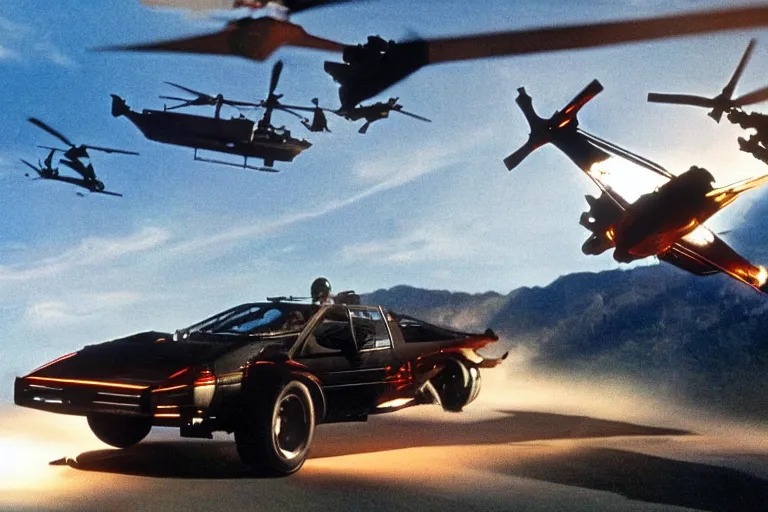 Image similar to Airwolf flying above Knight Rider, helicopter above sports car, action TV show, cinematic lighting, 1980s television show