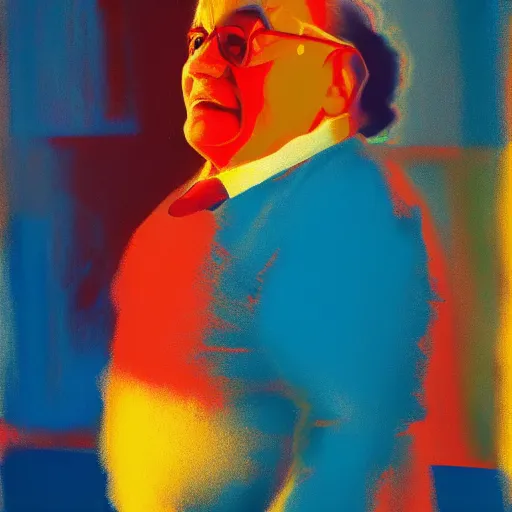 Prompt: Danny DeVito, neo brutralism, colorful, oilpainting, hyperrealistic, cgsociety, octane render, in the style of Mark Rothko, Edward Hopper and Akihiko Yoshida