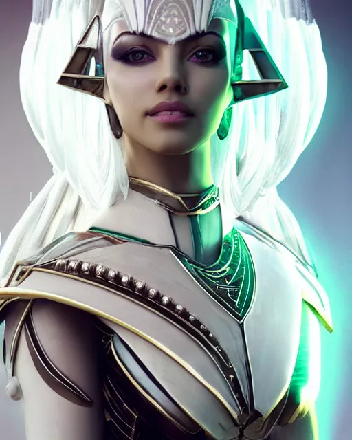 Image similar to perfect white haired attractive egyptian goddess, warframe armor, pharaoh headdress, beautiful, symmetric, dreamy, half asian, pretty face, green eyes, charlize theron, detailed, scifi platform, laboratory, experiment, 4 k, ultra realistic, epic lighting, android body, illuminated, cinematic, masterpiece, art by akihito tsukushi, voidstar