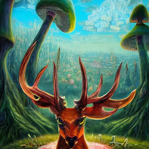 Prompt: 4 k headshot portrait of a psychedelic demonic anthropomorphic deer with mushroom themed clothes, magic mushroom village in background by jeff easley, award winning, stylized neon, post - processing, masterpiece, superb resolution. in the art style of junji ito and greg rutkowski. detailed mushroom city in background. hyper realistic anime. perfect art. dalle 2