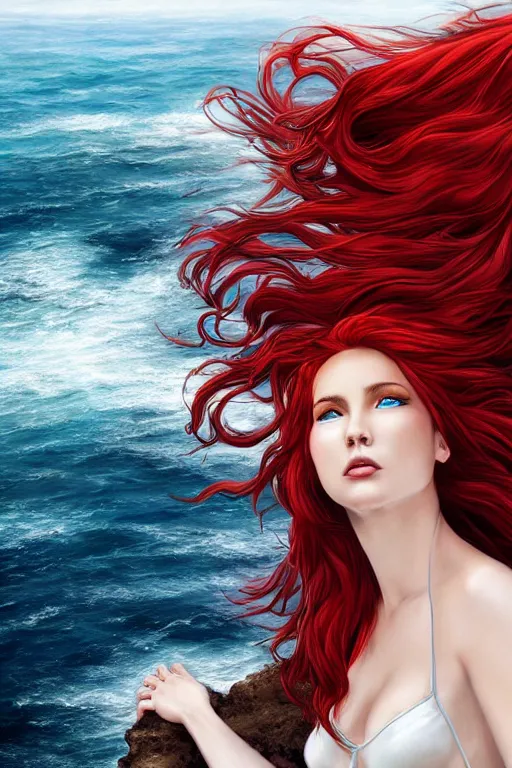 Prompt: a woman with long flowing red hair standing on a cliff overlooking a turbulent sea, artgerm, highly detailed,