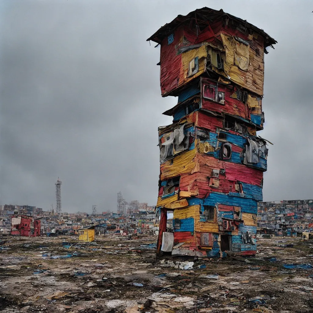 Prompt: close - up view of a tower made up of colourful makeshift squatter shacks, bleached colours, moody cloudy sky, dystopia, mamiya, f 1 1, very detailed, photographed by bruno barbey