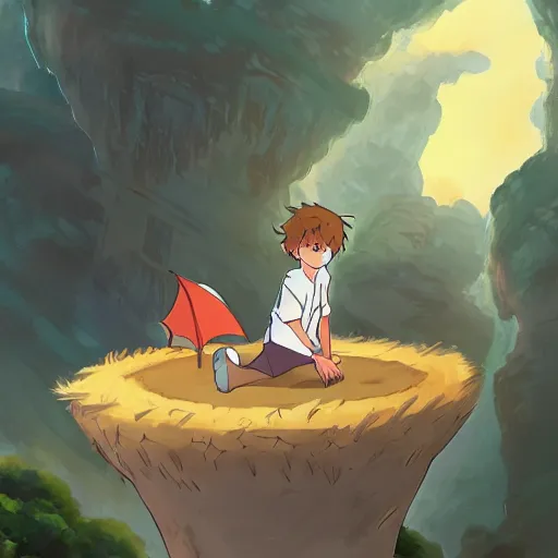 Image similar to boy in the floating island with flyling dragons around in ghibli artstyle, high detal, smooth, 8k, anime style