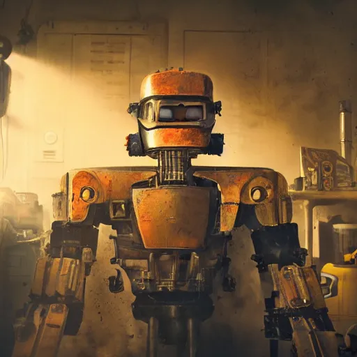 Image similar to head of toaster oven mecha, dark messy smoke - filled cluttered workshop, dark, dramatic lighting, orange tint, cinematic, highly detailed, sci - fi, futuristic, movie still