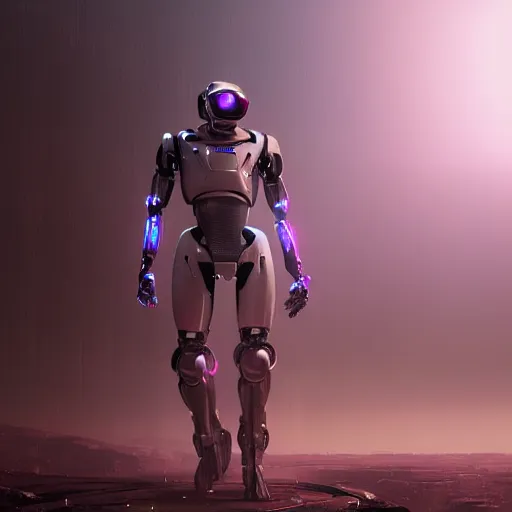 Image similar to hyperrealistic robot, futuristic, sci - fi, greg rutkowski, 3 d render, octane render, unreal engine, purple colors, dramatic lighting, epic composition