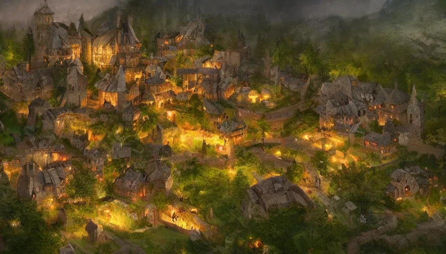 Image similar to medieval crowded village built in green huge mountains, fireplace, banquet at night, hyperdetailed, artstation, cgsociety, 8 k