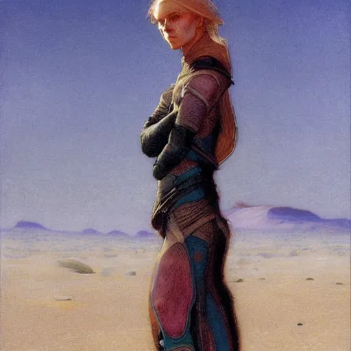 Prompt: beautiful female Fremen on Dune, by Edgar Maxence and Ross Tran and Michael Whelan and Gustav Klimpt