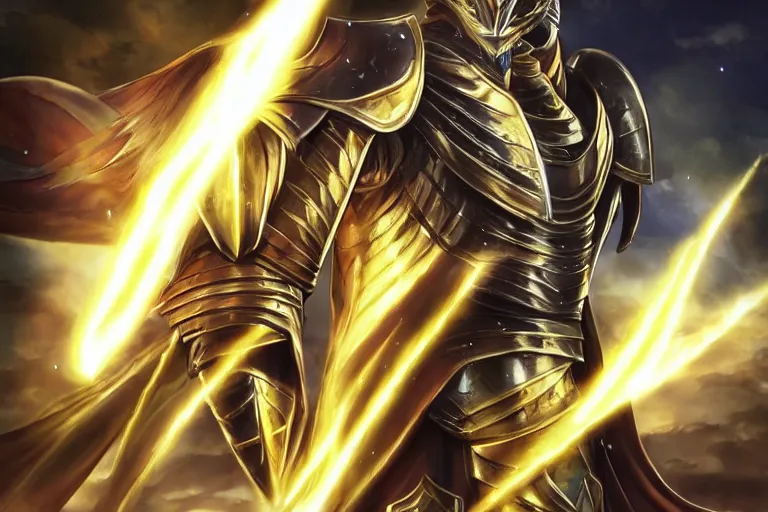Image similar to an ultra detailed portrait of saladin as a paladin shonen anime protagonist charging into battle wearing bright gold armor and huge flaming longsword blessed by god, epic anime fantasy, 8 k, volumetric lighting, smooth, highly detailed, digital illustration, art by kentaro miura and akira toriyama and artgerm