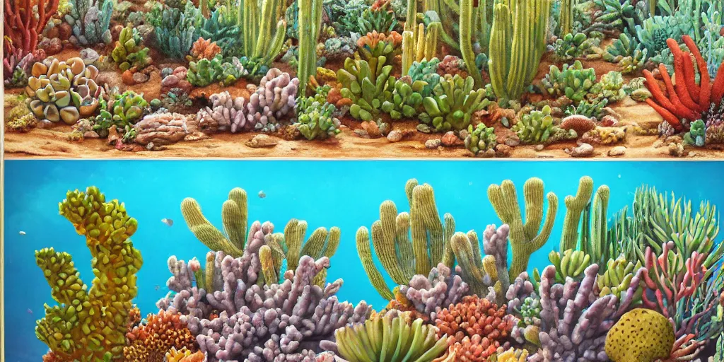 Image similar to a desert with a lot of succulents and exotic flowers, corals, underwater, super detailed acrylic painting, movie poster 7 0's