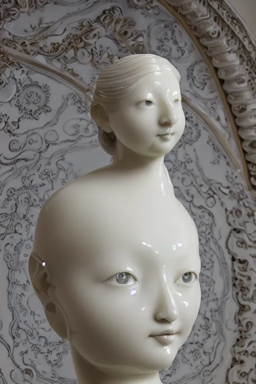 Image similar to full head and shoulders, beautiful female porcelain sculpture, smooth, painted willow tea cup features, delicate facial features, white eyes, white lashes, giant sculpture in ornate french ballroom, by daniel arsham and jeff moons