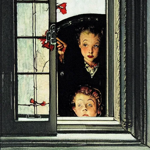 Image similar to vampire looking out her window from her apartment, by norman rockwell