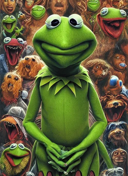 Image similar to portrait of kermit the frog in critters ( 1 9 8 6 ), highly detailed, centered, solid color background, digital painting, artstation, concept art, smooth, sharp focus, illustration, artgerm, donato giancola, joseph christian leyendecker, les edwards, ed repka, greg rutkowski, wlop, artgerm