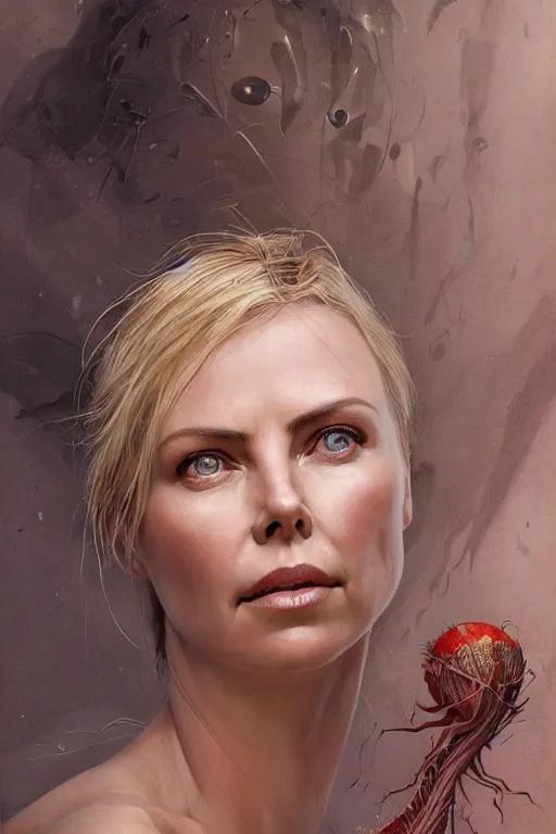 Prompt: Portrait of Venus flytrap with face of Charlize Theron, intricate, highly detailed, smooth, artstation, digital illustration by Ruan Jia and Mandy Jurgens and Artgerm and Wayne Barlowe and Greg Rutkowski and Zdislav Beksinski