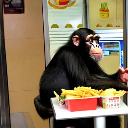 Prompt: little chimpanzees straling food from people in mcdonald