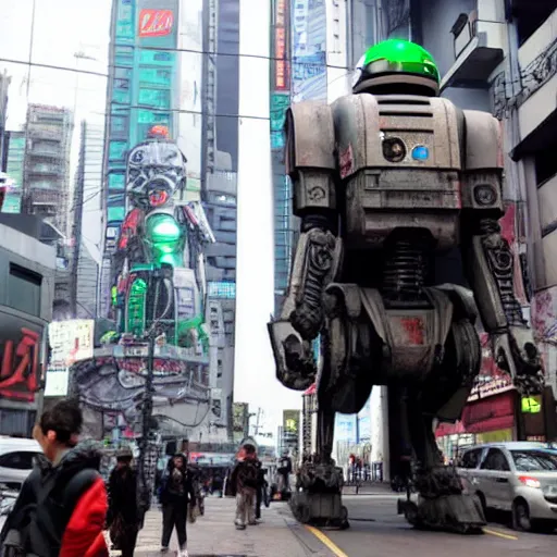 Prompt: a giant doom droid in a dirty cyberpunk shinjuku street
