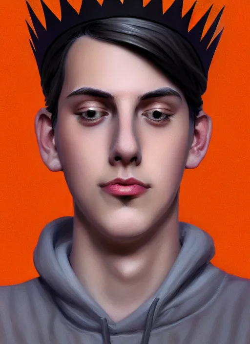 Image similar to portrait of teenage jughead jones wearing a light grey crown, crown, hamburger background, eyes closed, crown, black hair, orange, intricate, elegant, glowing lights, warm lighting, highly detailed, digital painting, artstation, concept art, smooth, sharp focus, illustration, art by wlop, mars ravelo and greg rutkowski