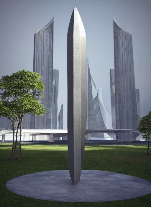 Image similar to highly detailed realistic architecture 3 d render of a huge high futuristic stele sculpture made of concrete in zaha hadid style standing in city park, archdaily, made in unreal engine 4 octane render