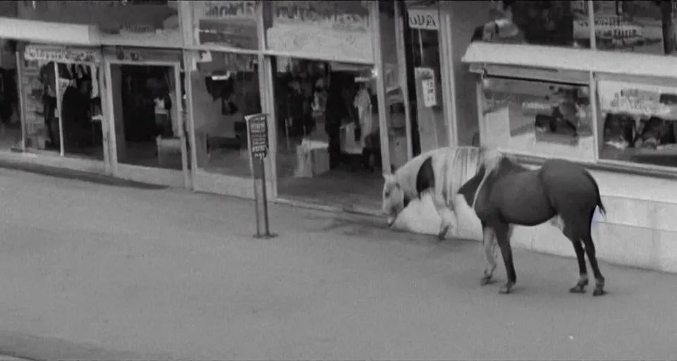 Prompt: cctv footage of a horse robbing a store