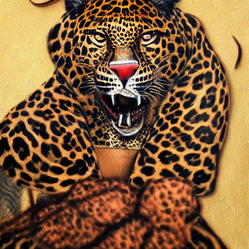 Image similar to an intricated and detailed painting of a shaman turning into a jaguar 4 k render