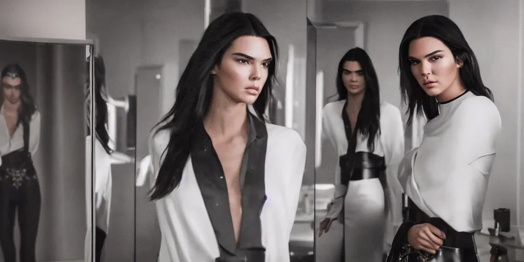 Prompt: ultra wide angle photo of kendall jenner dressed in a white blouse and black dress pants as diana prince looking at herself in a bathroom mirror and seeing her reflection as wonder woman