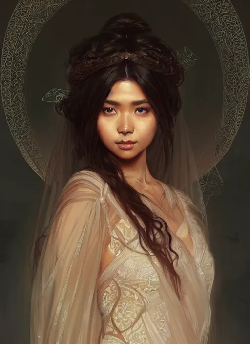 Image similar to cute brown woman wearing a transparent night gown and hanfu face veil, fantasy, intricate, highly detailed, digital painting, artstation, concept art, wallpaper, smooth, sharp focus, illustration, art by artgerm and greg rutkowski and alphonse mucha