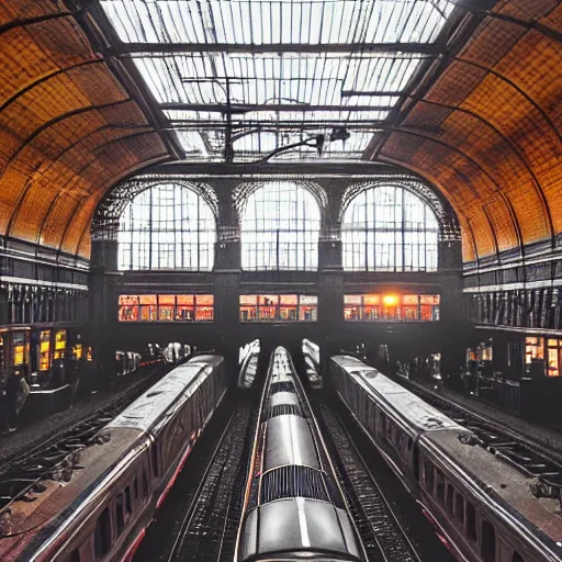 Image similar to A beautiful historical interior of Amsterdam central station with steam locomotives leaving the station, blinding backlight sunset, hyper real highly detailed