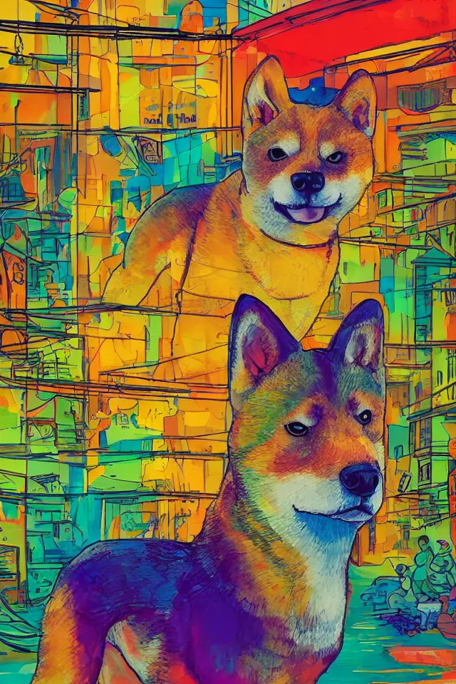 Image similar to a portrait of a shiba inu dog in the neon streets of tokyo, in the style of studio ghibli, artistic, colorful palette, highly detailed