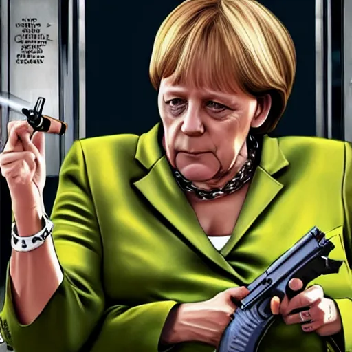 Prompt: Angela Merkel in GTA V, holding gun, smoking cigarette, cover art by Stephen Bliss, artstation, no text