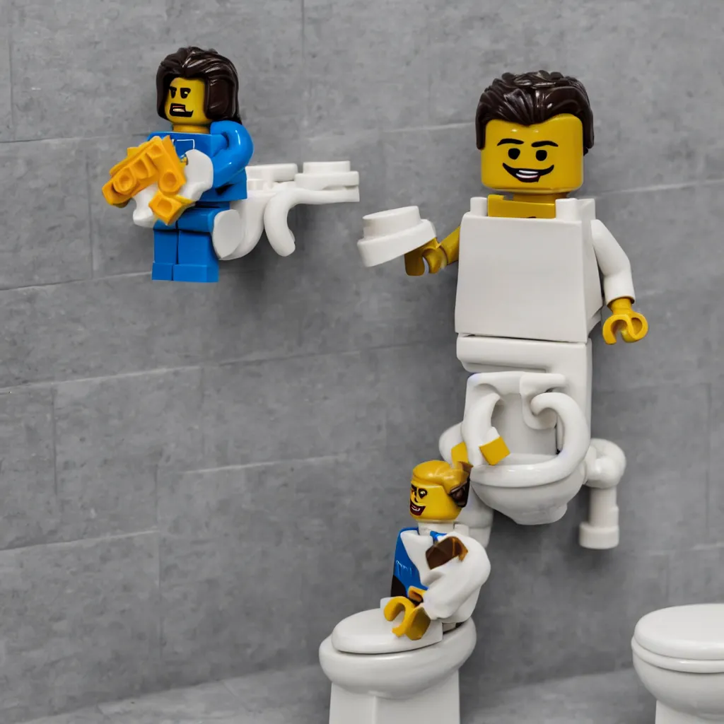 Image similar to a lego figure of a man, sitting on a toilet with his pants down. there is a stream of lego bricks coming out of his behind