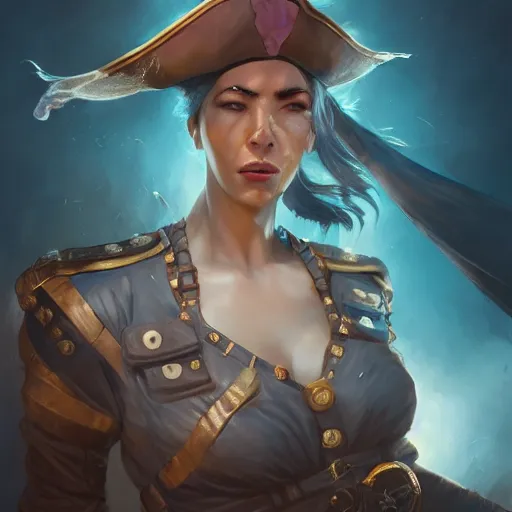 Image similar to Female pirate captain with blue skin, 4k oil on linen by wlop, artgerm, andrei riabovitchev, nuri iyem, james gurney, james jean, greg rutkowski, highly detailed, soft lighting 8k resolution