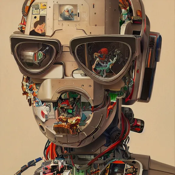 Prompt: robot artist painting a self - portrait on a canvas. intricate, highly detailed, photorealistic, film still, by alexandros pyromallis, sachin teng, gil elvgren.