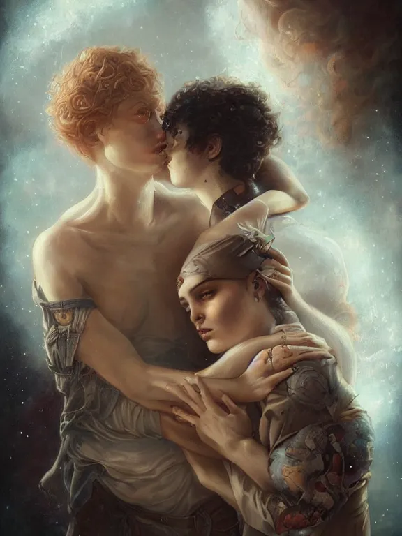 Prompt: a gorgeous portrait of two star-crossed lovers with the weight of their connection bearing down on them, hyperrealistic, award-winning, in the style of Tom Bagshaw, Cedric Peyravernay, Peter Mohrbacher