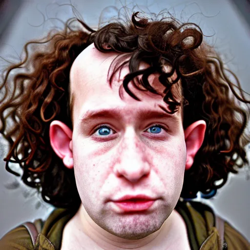 Prompt: close up headshot of a frowning clean shaven pudgy British lad with short curly dark brown hair as a hobbit wearing a white men's crossbody sling chest bag and blue vest, blue vest!! white crossbody chestbag!! high resolution film still, by Sarah Moon