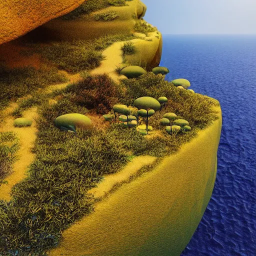 Image similar to digital art of a lush natural scene on an alien planet by lurid ( 2 0 2 2 ). beautiful landscape. weird vegetation. cliffs and water. grainy and rough. interesting colour scheme. soft warm colours. painting from high quality 3 d render. absurd.