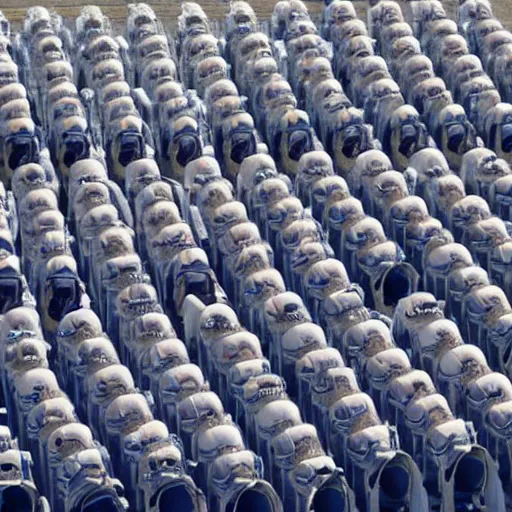 Prompt: a wide shot of a clone army of Jeff Bezos, preparing to board a large rocket. Hyper realistic, photojournalism.