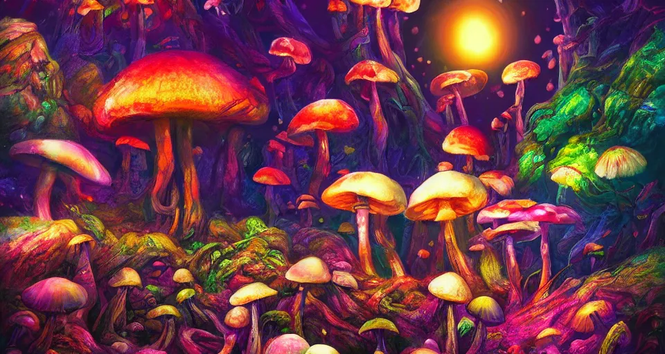 Prompt: a beautiful painting of trippy mushrooms by Tokio Aoyama, Mario Martinez, David Normal. photorealistic, trending on artstation, dramatic lighting, 8K, fantasy beautiful, surreal, cinematic.