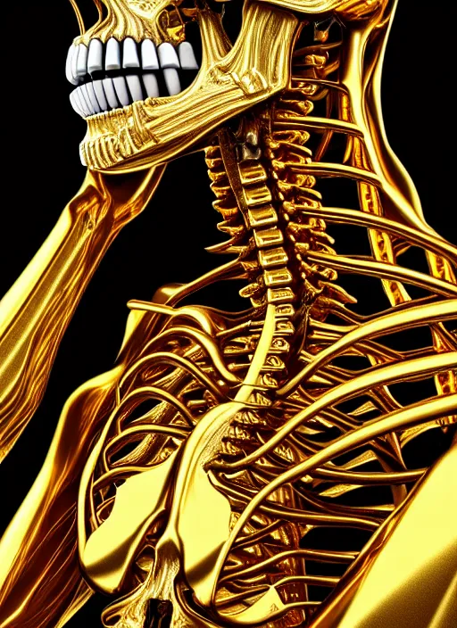 Image similar to a stunning young female cyborg - skull ribs made of gold, gemstones, diamonds, unreal engine, glamor shot, nikon d 7 5 0, closeup, f / 2. 8, low contrast, 1 6 k, rim lighting, optical fiber, cinematic lighting, insanely detailed and intricate, hypermaximalist, elegant, ornate, hyper realistic,