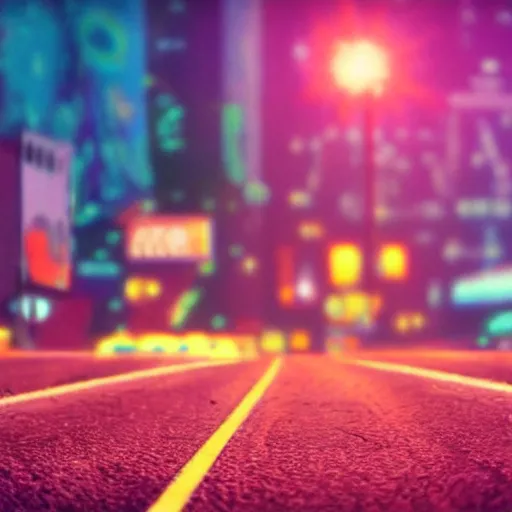 Image similar to neon city with a cat in the road cinematography